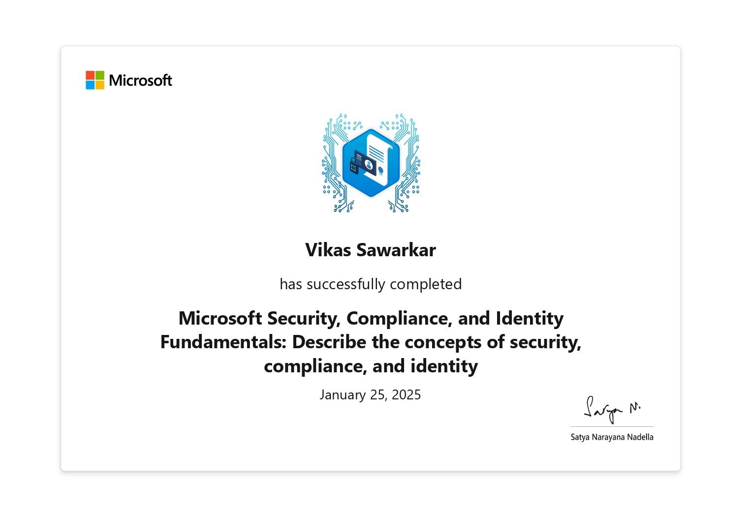 Security, compliance and identity concepts certificate awarded to Vikas Sawarkar