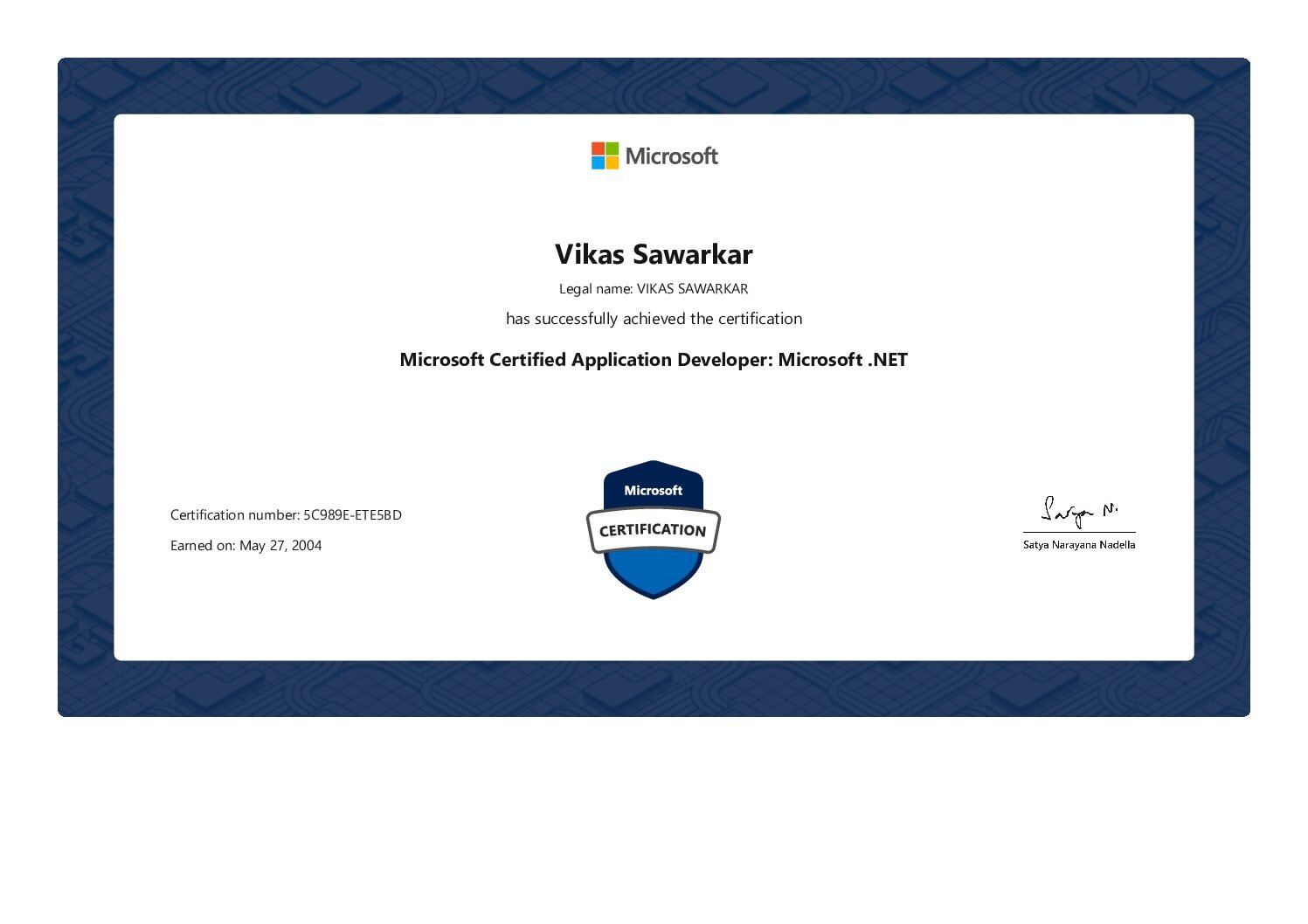 Microsoft Certified Application Developer: Microsoft .NET (MCAD) certificate awarded to Vikas Sawarkar
