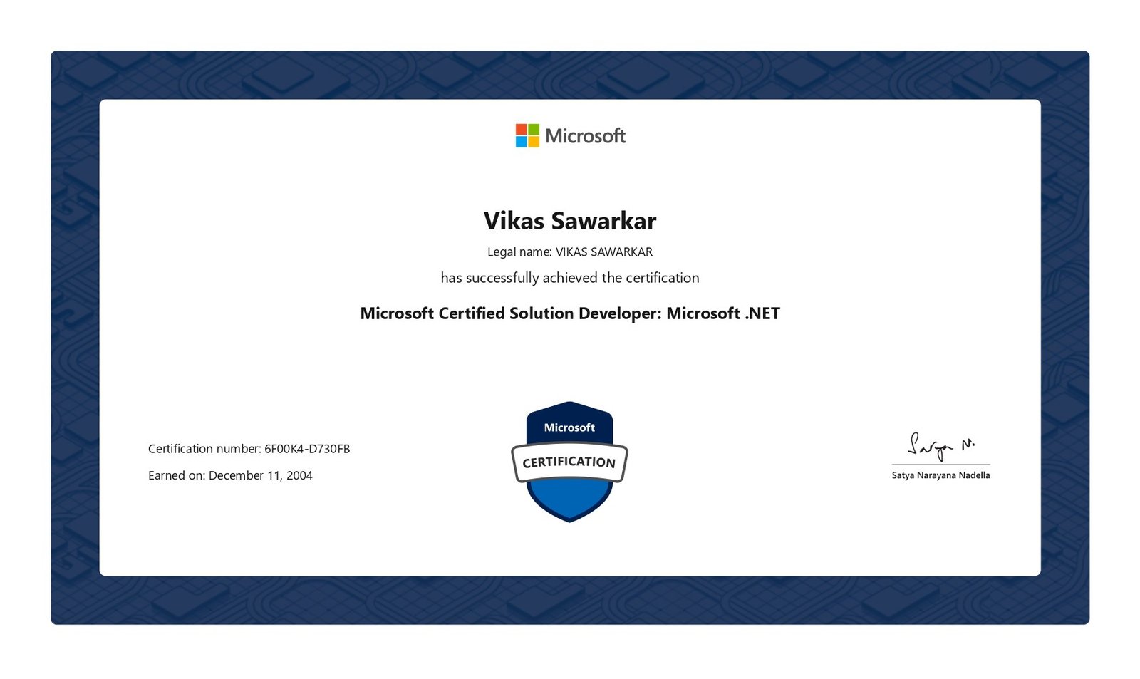 Microsoft Certified Solution Developer: Microsoft .NET (MCSD) certificate awarded to Vikas Sawarkar