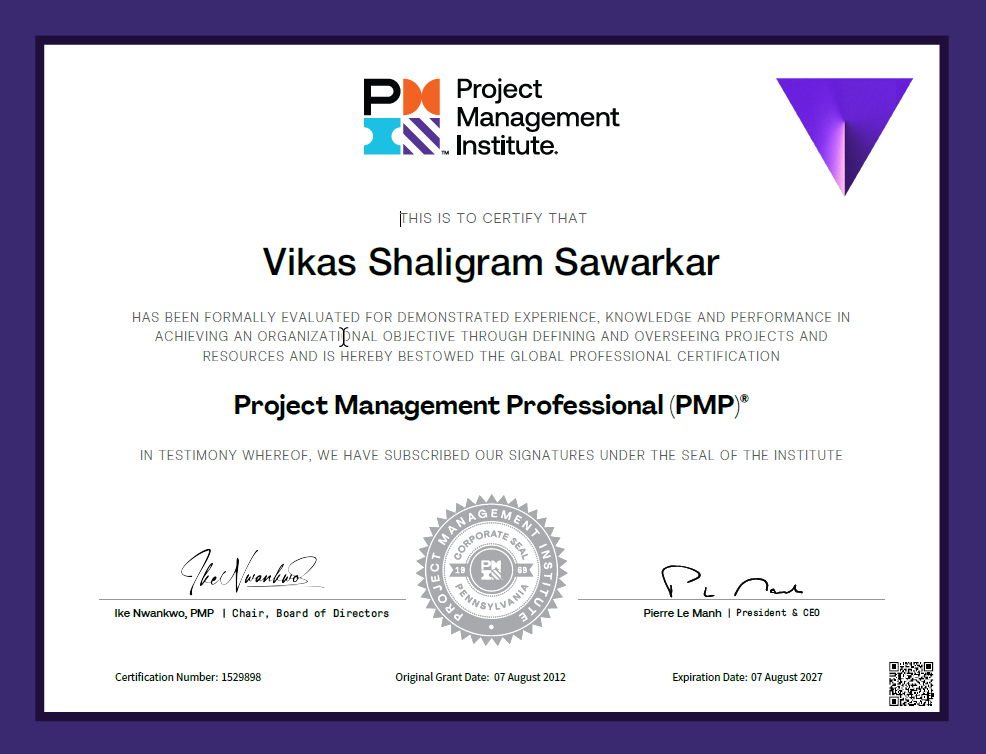 Project Management Professional (PMP) certificate awarded to Vikas Sawarkar