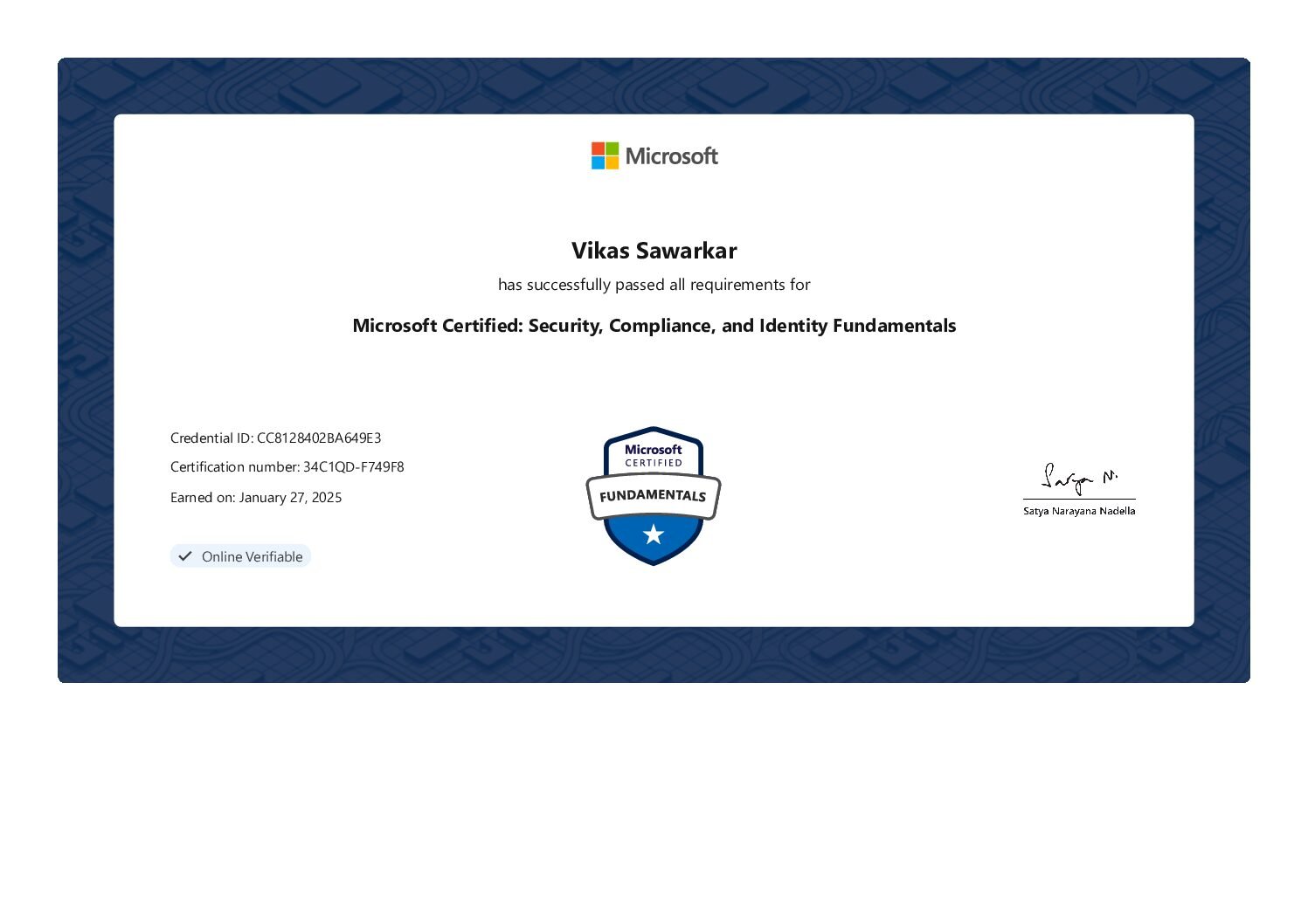 Microsoft Certified: Security, Compliance, and Identity Fundamentals (SC-900) certificate awarded to Vikas Sawarkar