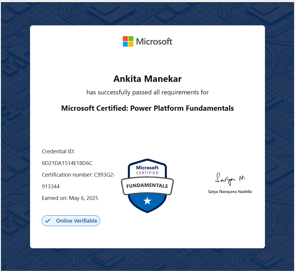 Microsoft Certified: Power Platform Fundamentals (PL-900) certificate awarded to Ankita Manekar