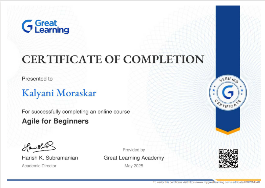 Agile for Beginners certificate awarded to Kalyani Moraskar