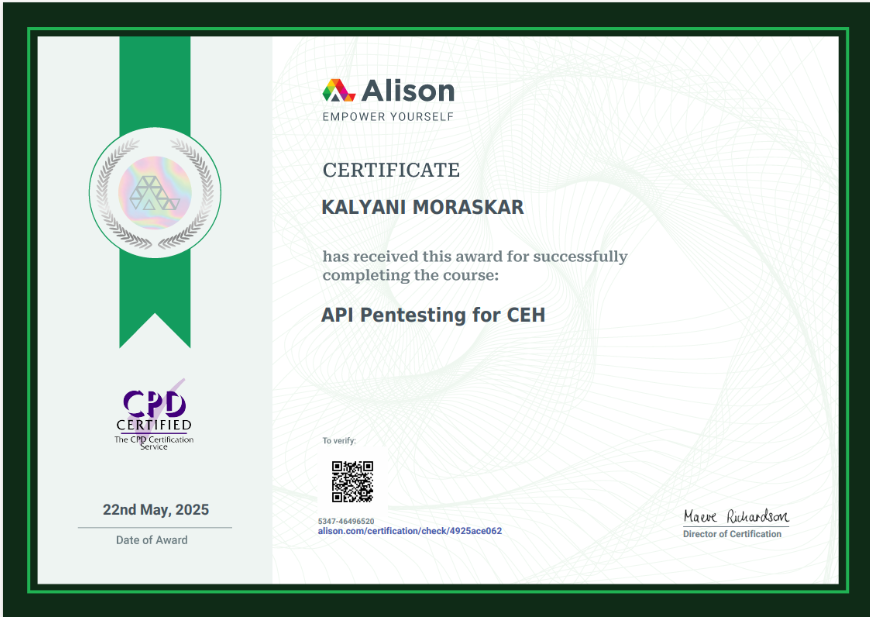 API Pentesting for CEH certificate awarded to Kalyani Moraskar