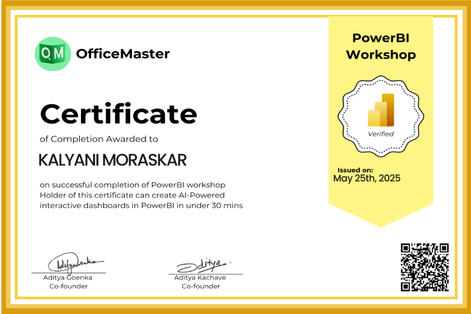 Power BI Workshop certificate awarded to Kalyani Moraskar