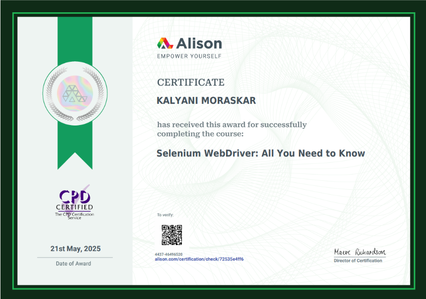 Selenium WebDriver: All You Need to Know certificate awarded to Kalyani Moraskar
