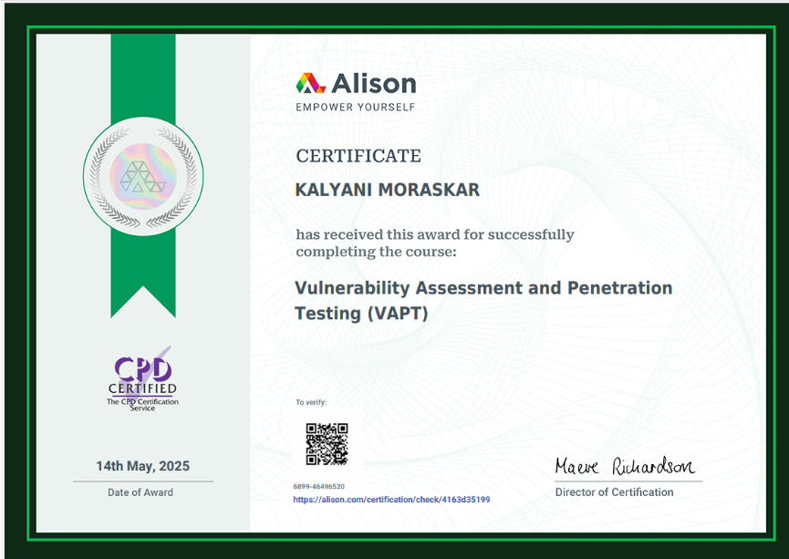 Vulnerability Assessment and Penetration Testing (VAPT) certificate awarded to Kalyani Moraskar