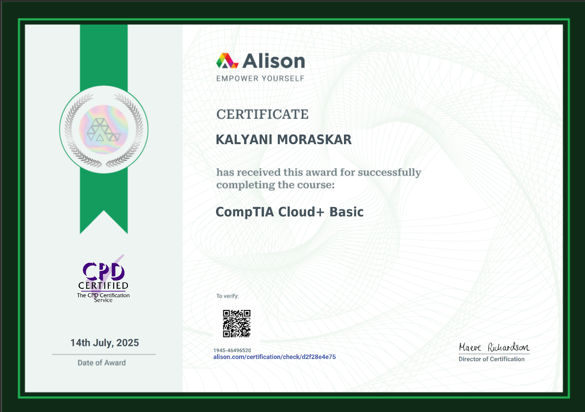 CompTIA Cloud+ Basic certificate awarded to Kalyani Moraskar