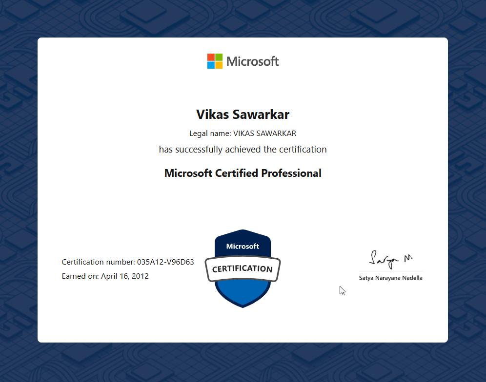 Microsoft Certified Professional certificate awarded to Vikas Sawarkar